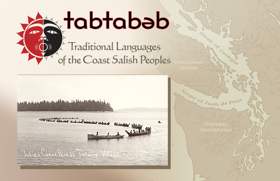 Native American group of people in canoes on the water, titled Indian Canoe Parade Tulalip Washington.