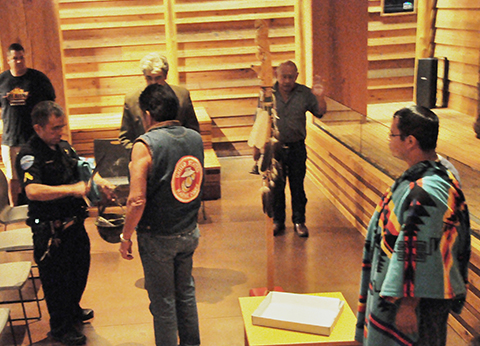 Andy James, Mel Sheldon, Cy Williams, Albert Moses, Kyle Moses (Tulalip) - Eagle Staff Ceremony - Jul 2013