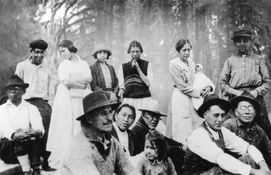 Group of Tulalip people representing those who fought to preserve the Lushootseed language. Tribal members like William, Harriette, Lizzie Krise, and others gathered together on the beach.   